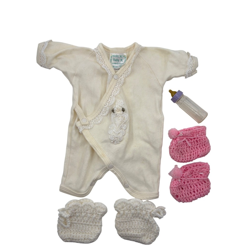 Baby K Romper Preemie Ivory Lace Trim Vintage Wrap One Piece with Booties Set